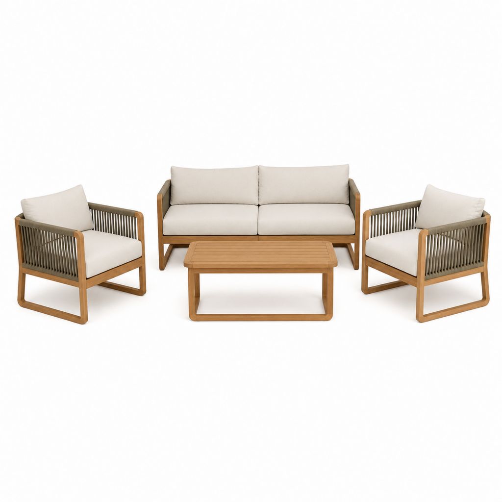 Set Garten-Wohnzimmer 4 Stücke aus Akazie mit PP-Seil und Elfenbein-Kissen, Sofa 152 × 76 × 73 cm, Sessel 72 × 76 × 73 cm, Couchtisch 100 × 55 × 40 cm