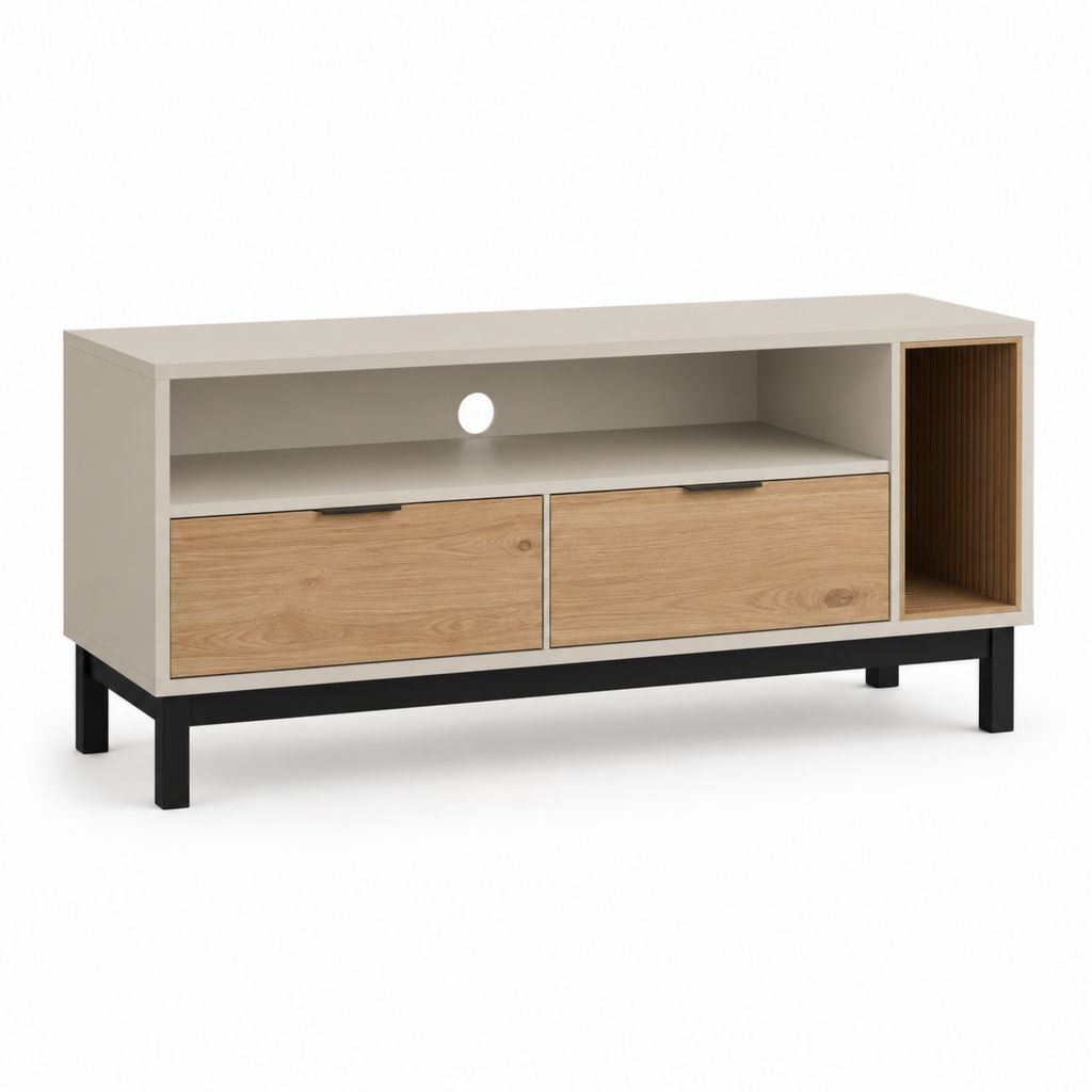 Mobile rechteckige TV-Tür aus Holz und Stahl mit 2 Schubladen, 2 offenen Räumen und Kabeldurchführungen, Turteltaube, Naturholz, dunkler und schwarzer Eiche, 140 × 40 × 70 cm