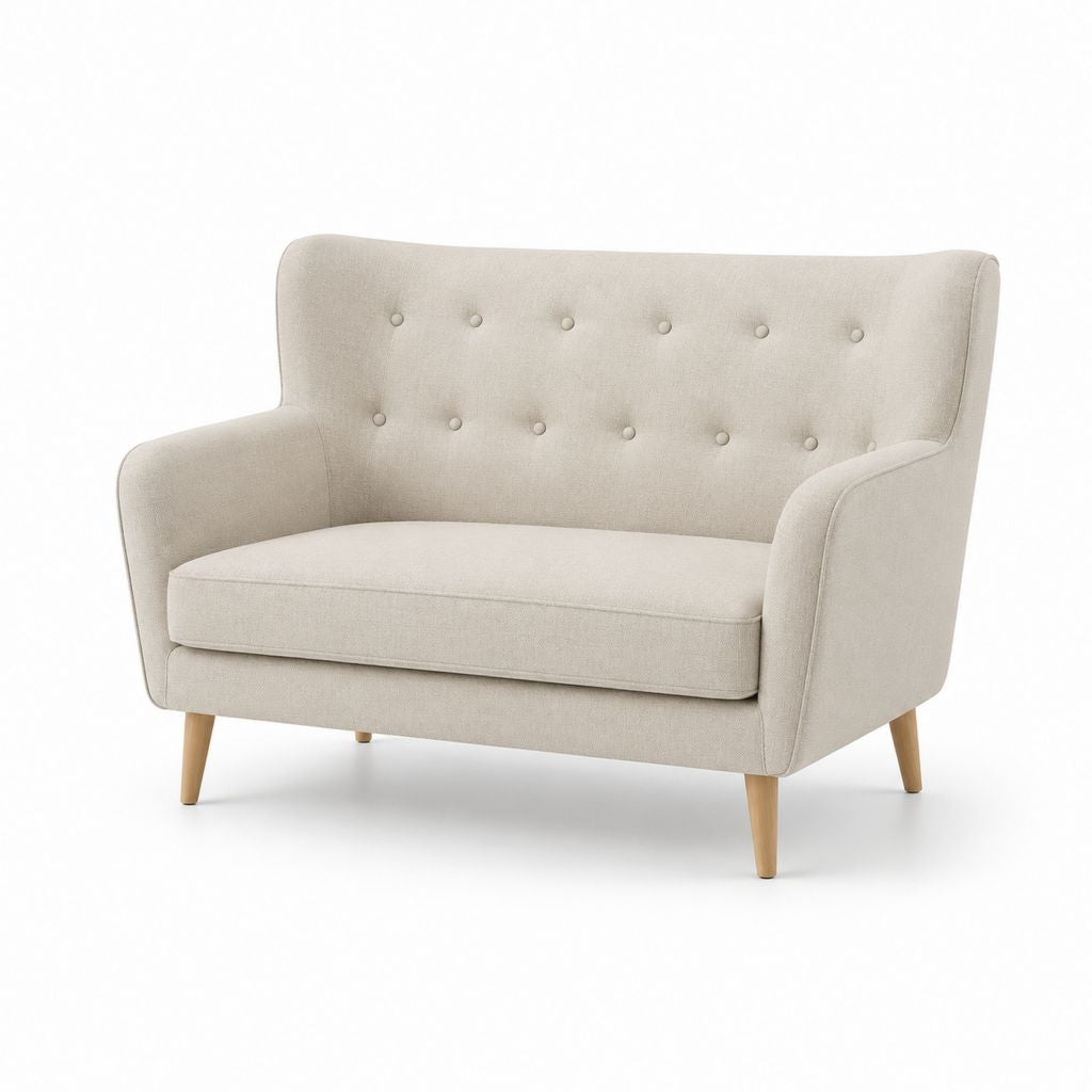 Sofa 2 Beige Polyester-Sitzplätze mit Rücken und Beine aus Massivholz, 145 × 78 × 86 cm