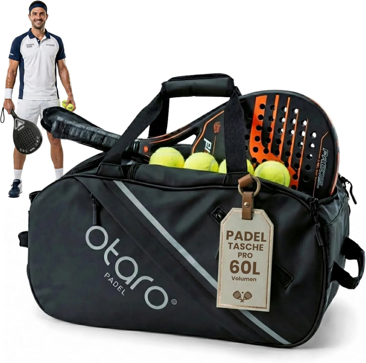 Padeltasche, Sporttasche für Schläger und Zubehör, für Training, Match und Transport, Otaro