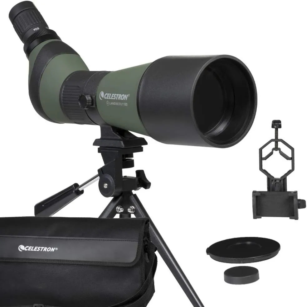 Celestron Spektiv mit Zoom, Beobachtungsfernrohr, 60x, 80mm, mit Smartphone-Adapter, mit Stativ, für Vogelbeobachtung, Natur