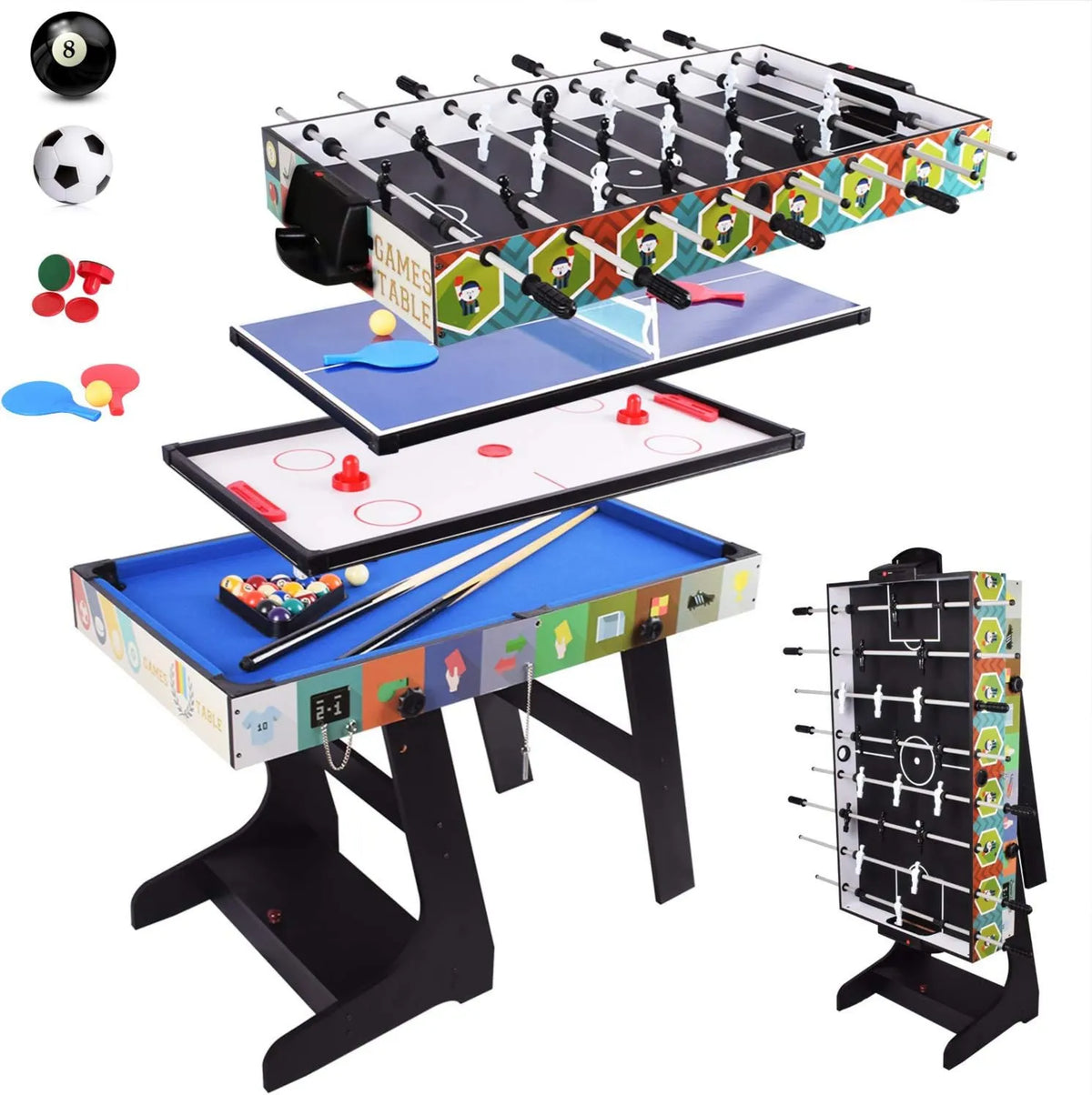 Multifunktionaler Spieltisch für Spielzimmer und Familienfreizeit, klappbare Konstruktion, Mehrfach-Spieltisch