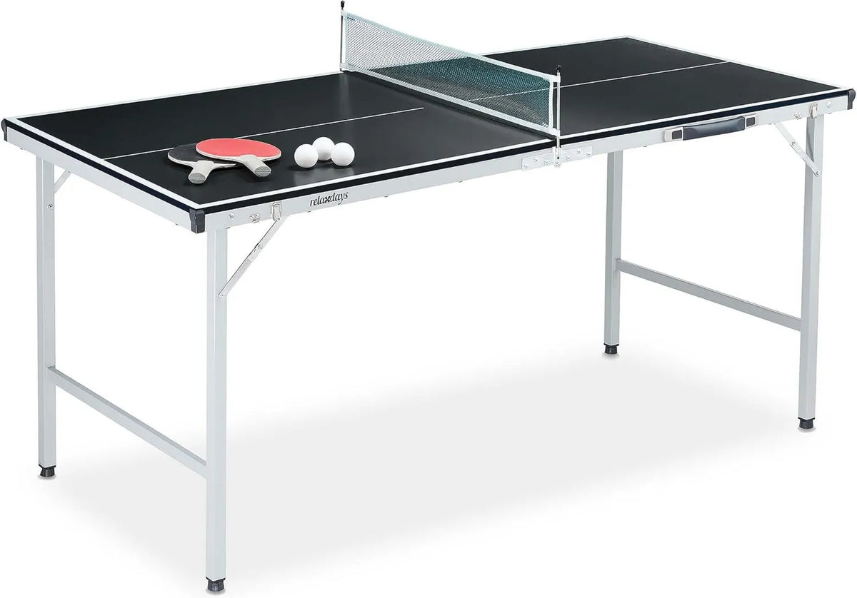 Relaxdays Tischtennisplatte, Tischtennistisch, klappbare Konstruktion, mit Netz, mit Schlägern, 3 Bälle, 150 cm, für Training und Freizeitspiel