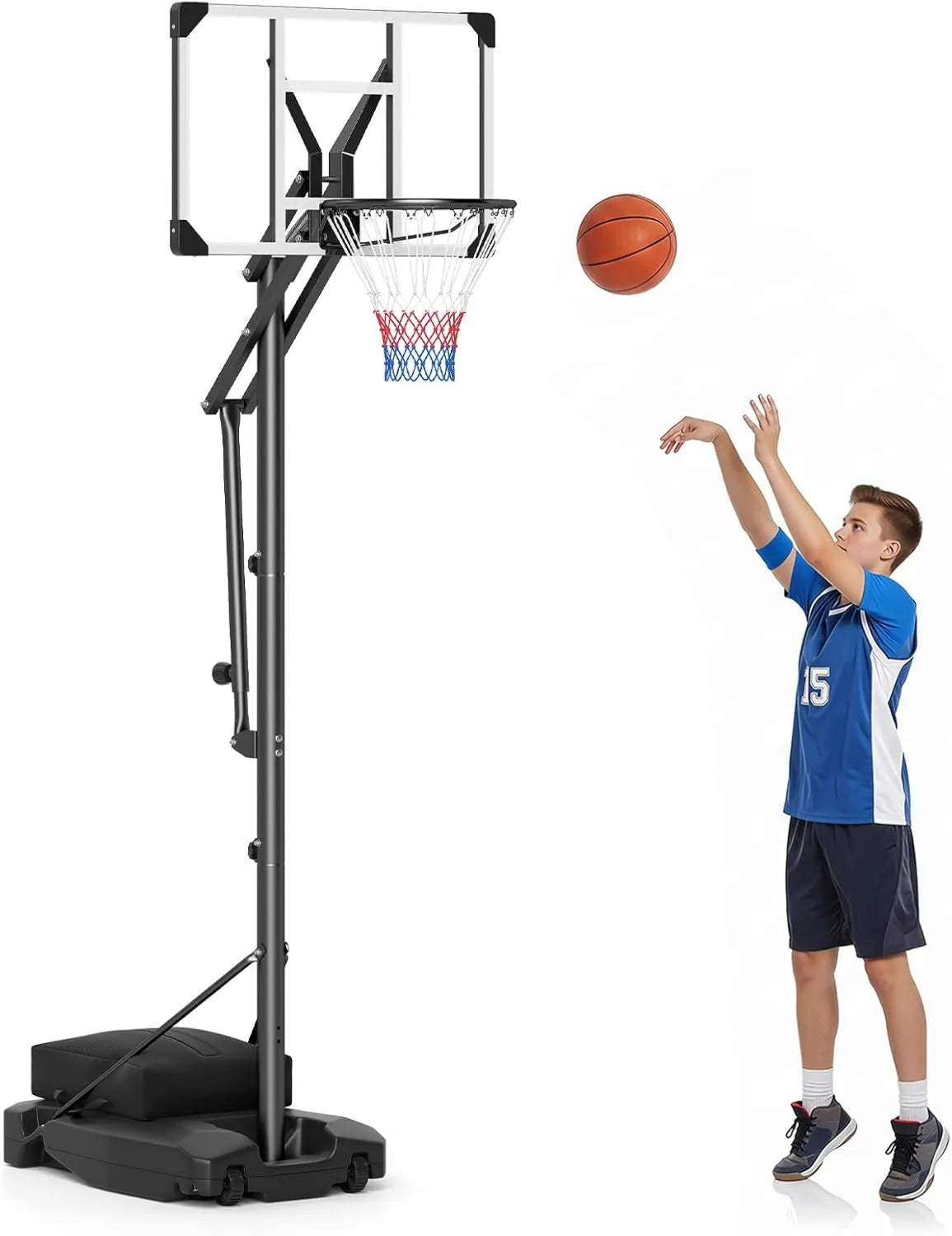 COSTWAY Basketballkorb mit Ständer, mobile Basketballanlage, höhenverstellbar, für den Außenbereich, 215-260 cm, für Garten, Einfahrt und Training