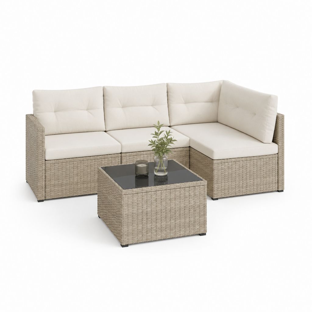 Ecksofa Set für Außen L 4 Stücke beige Polyrattan mit Creme Kissen, 196 × 130 × 74 cm, Couchtisch 65 × 65 × 34 cm