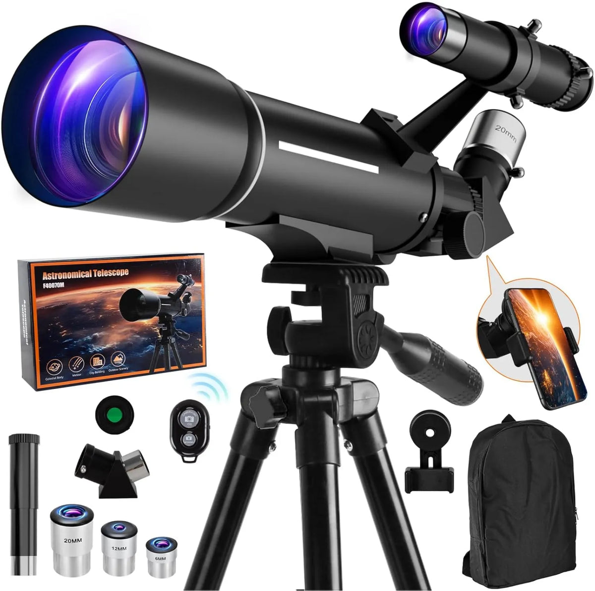 Linsenteleskop für Himmelsbeobachtung, Astronomisches Refraktor-Teleskop, 70 mm, 400 mm, mit Stativ, mit Montierung