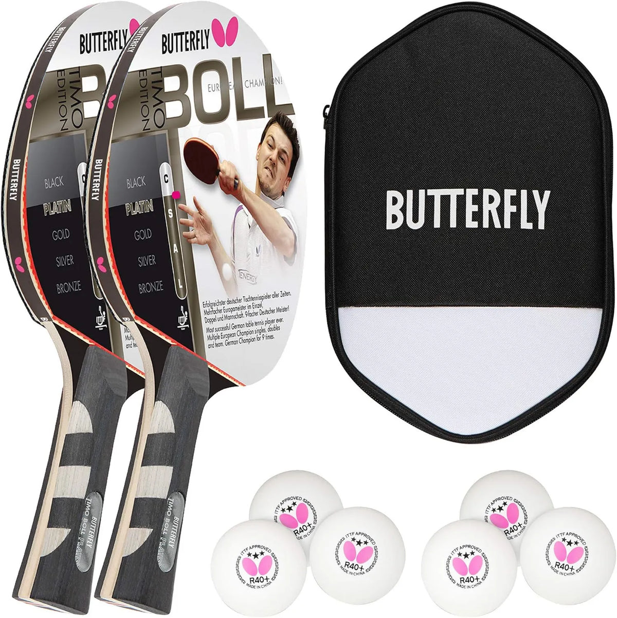 Butterfly Timo Boll Platin Tischtennisschläger, Pingpong-Schläger, ITTF-konform, 2 Schläger, für Training und Wettkampfspiel