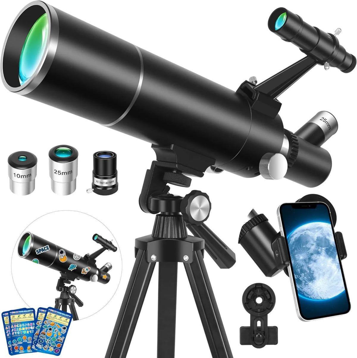 Linsenteleskop für Himmelsbeobachtung, Astronomisches Refraktor-Teleskop, 500mm, mit Stativ, für Mond, Planeten und terrestrische Beobachtung