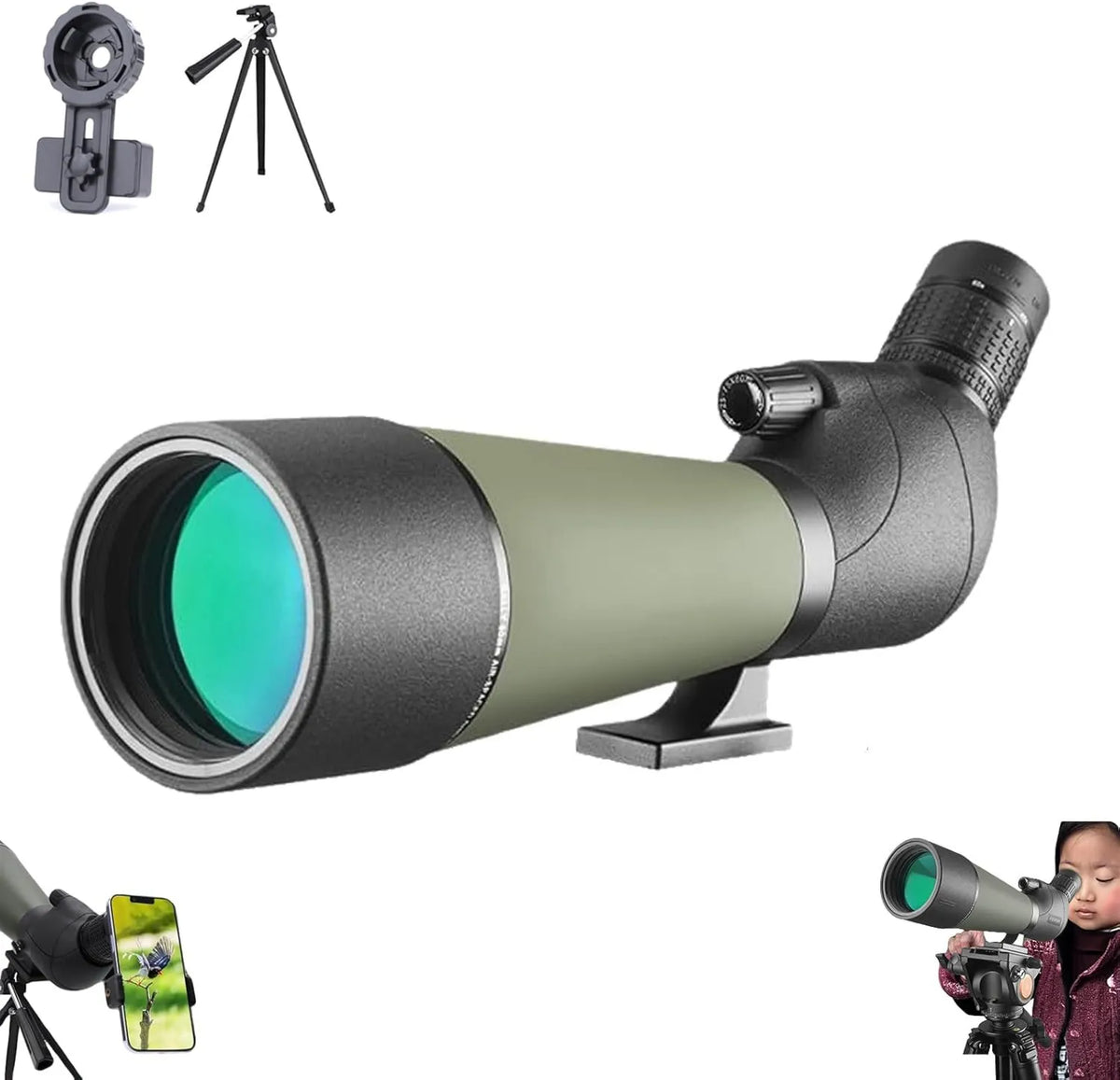 Spektiv mit Zoom, 25-75x Zoom, 80 mm Objektiv, mit Smartphone-Adapter, mit Stativ, mit Transporttasche, Beobachtungsfernrohr