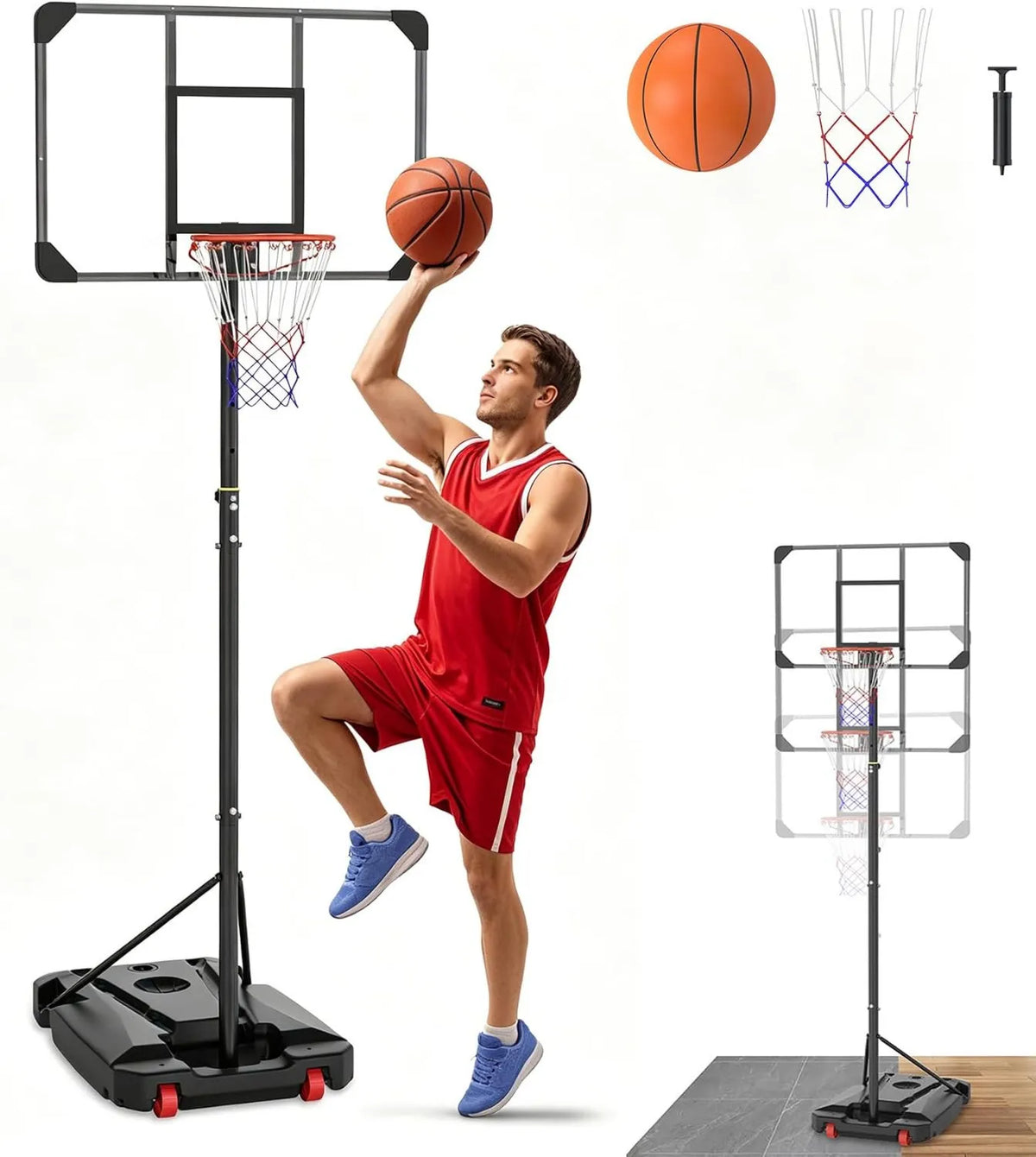 Basketballkorb mit Ständer für Garten, Einfahrt und Training, höhenverstellbar, für den Außenbereich, schwarz, 150-260cm, mobile Basketballanlage