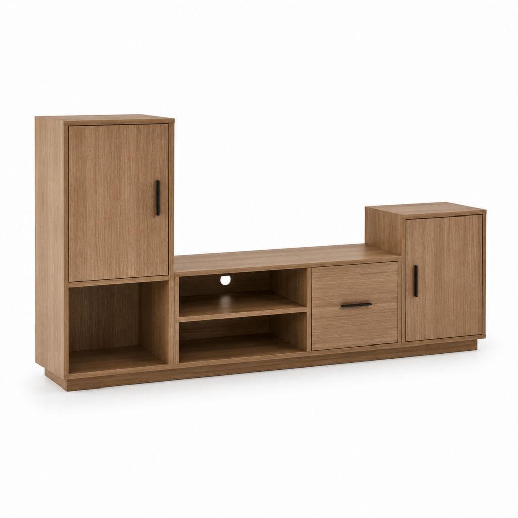 TV-Lowboard aus braunem und schwarzem Melamin mit 2 Türen, 1 Schublade und 3 Zimmern, 180 × 40 × 105 cm
