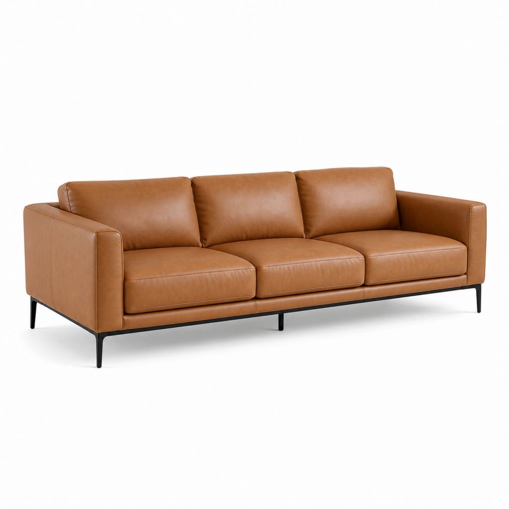 Rechteckiges 3-Sitzer-Sofa aus PU-Kunstleder Cognac mit schwarzem Metallgestell, 220 × 88 × 82 cm