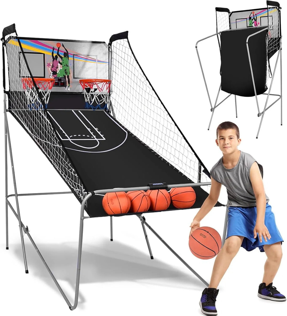 Elektronisches Basketball-Wurfspiel, Basketballautomat, klappbare Konstruktion, mit Ball und Pumpe, 4 Bälle, für Spielzimmer und Freizeittraining