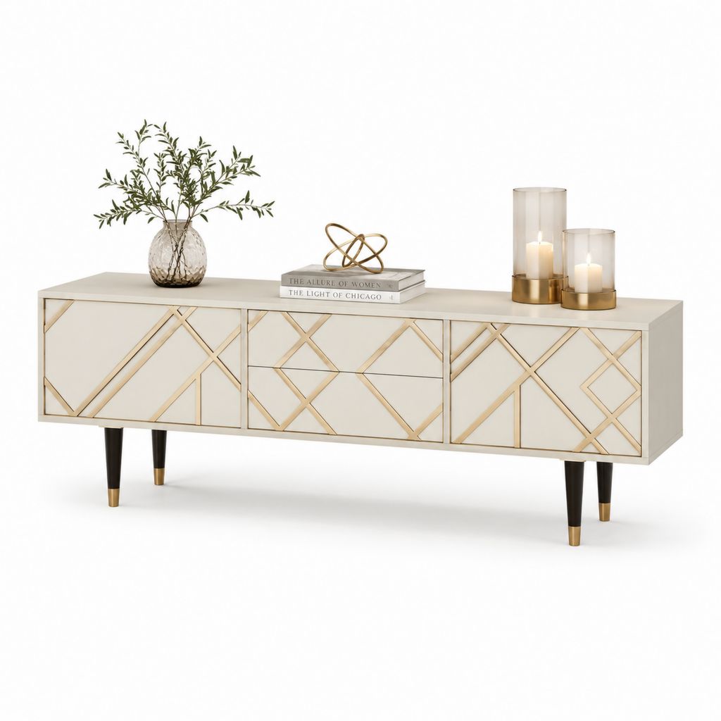 TV-Lowboard aus MDF und Stahl, Elfenbein, Gold und Schwarz, 160 × 40 × 65 cm, 2 Türen und 2 Schubladen
