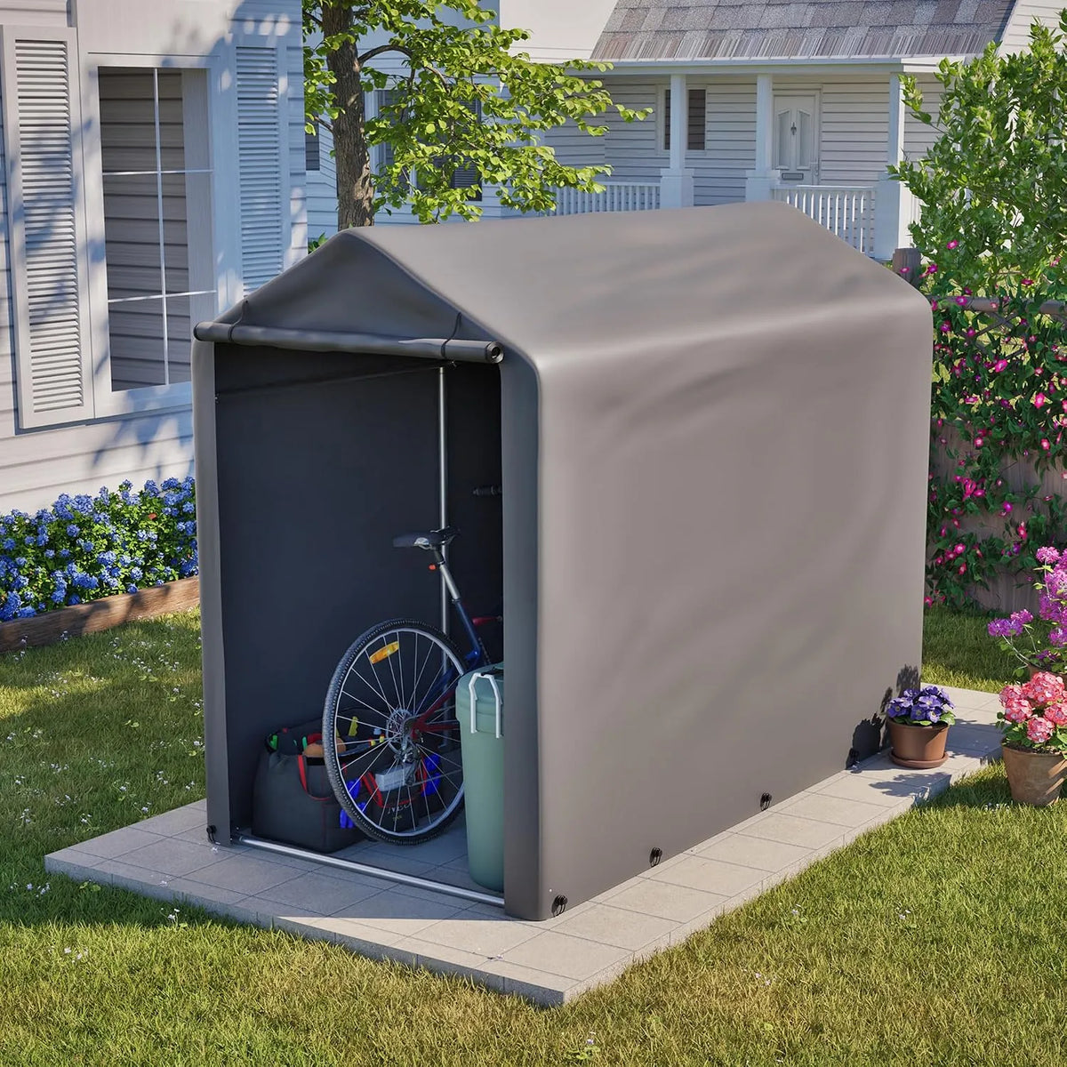 Fahrradgarage – aus Stahl, 187 x 100 x 160 cm, wetterfest, dunkelgrau, für Fahrräder und Zubehör, für Terrasse und Außenbereich