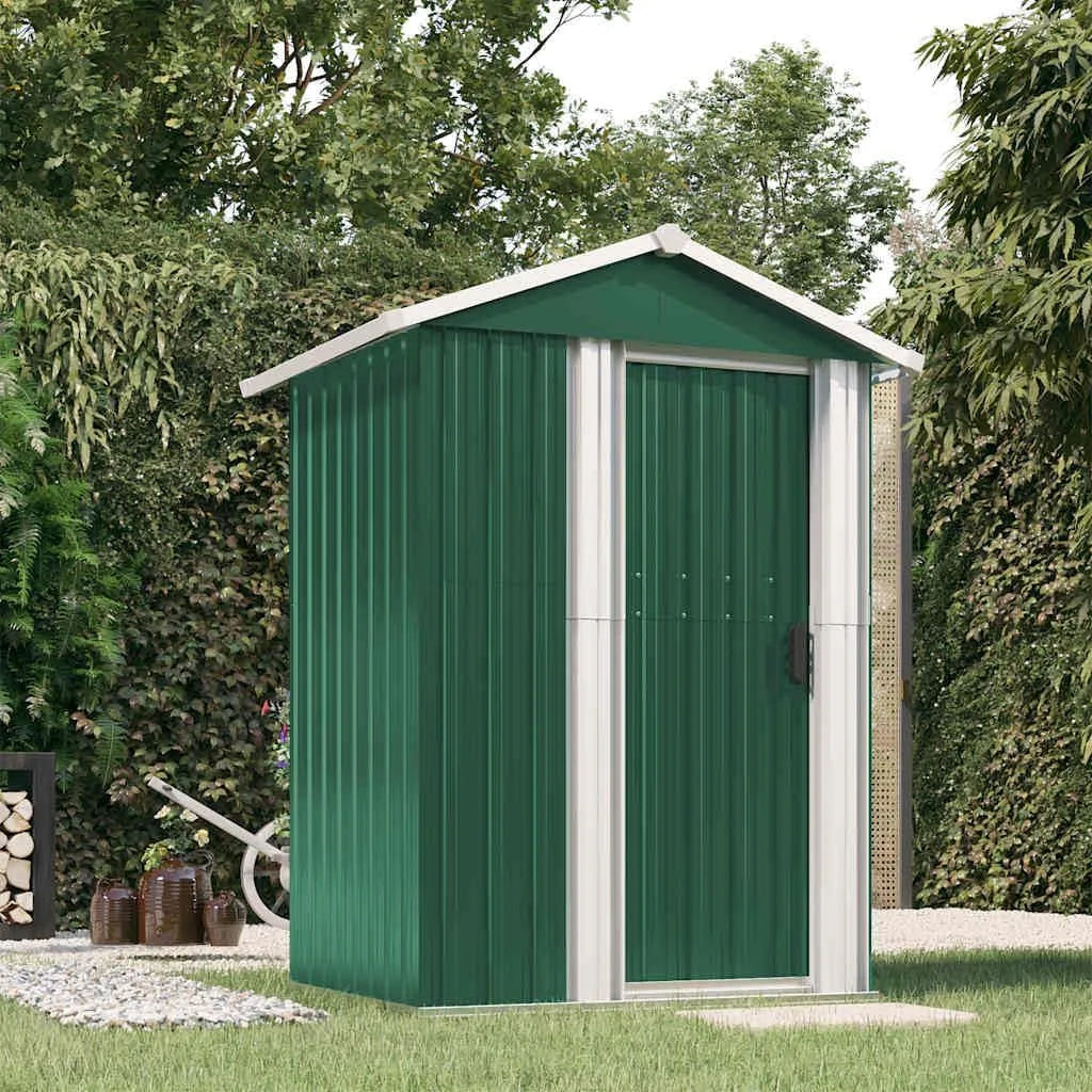Gerätehaus, aus verzinktem Stahl, 126 x 97,5 x 177 cm, mit Pultdach, mit Schiebetür, grün, für Gartengeräte, Werkzeug und Außenlagerung