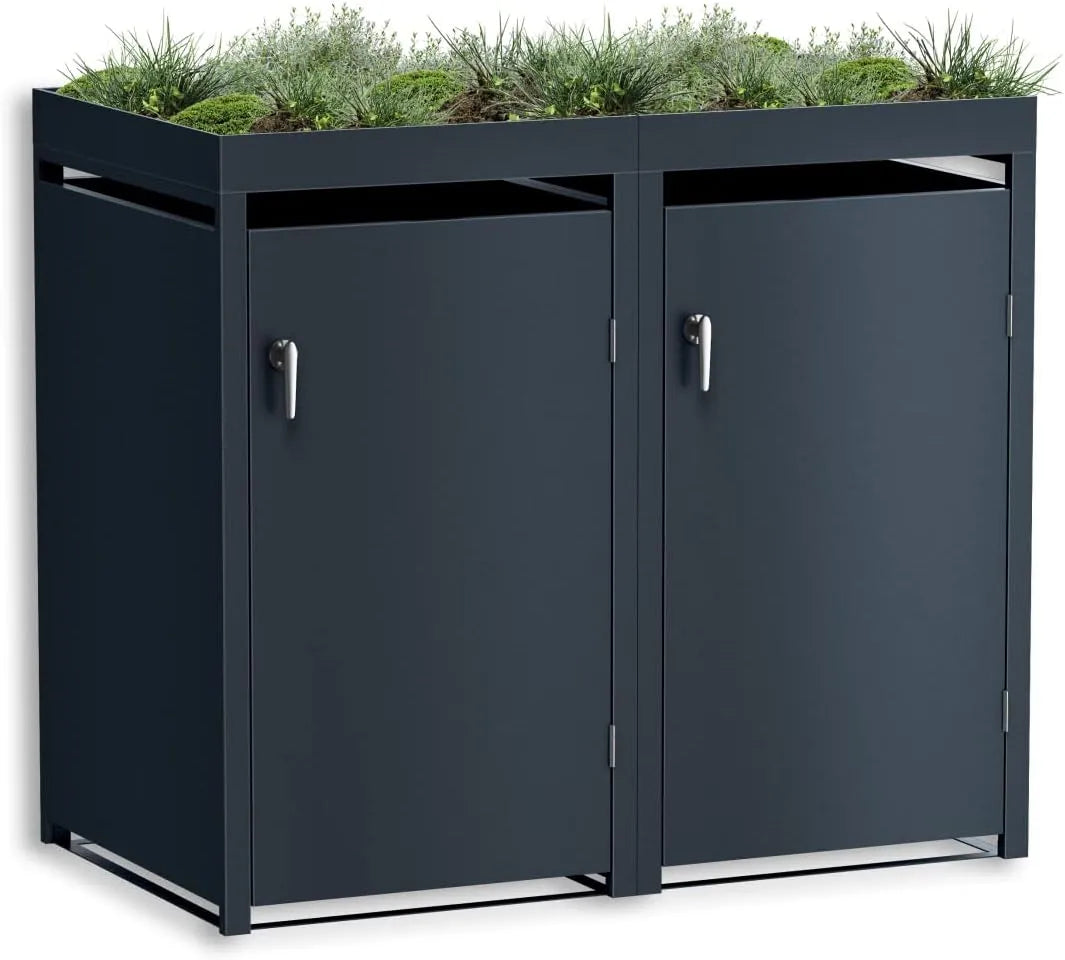 Mülltonnenbox – für 2 Mülltonnen, aus Stahl, 240 L, mit Pflanzdach, abschließbar, anthrazit, als Sichtschutz und Unterstand für Abfalltonnen