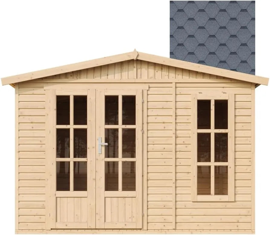 TIMBELA Gerätehaus – aus Holz, 232 x 332 x 222 cm, 6 m², grau, für Gartengeräte, Werkzeug und Außenlagerung