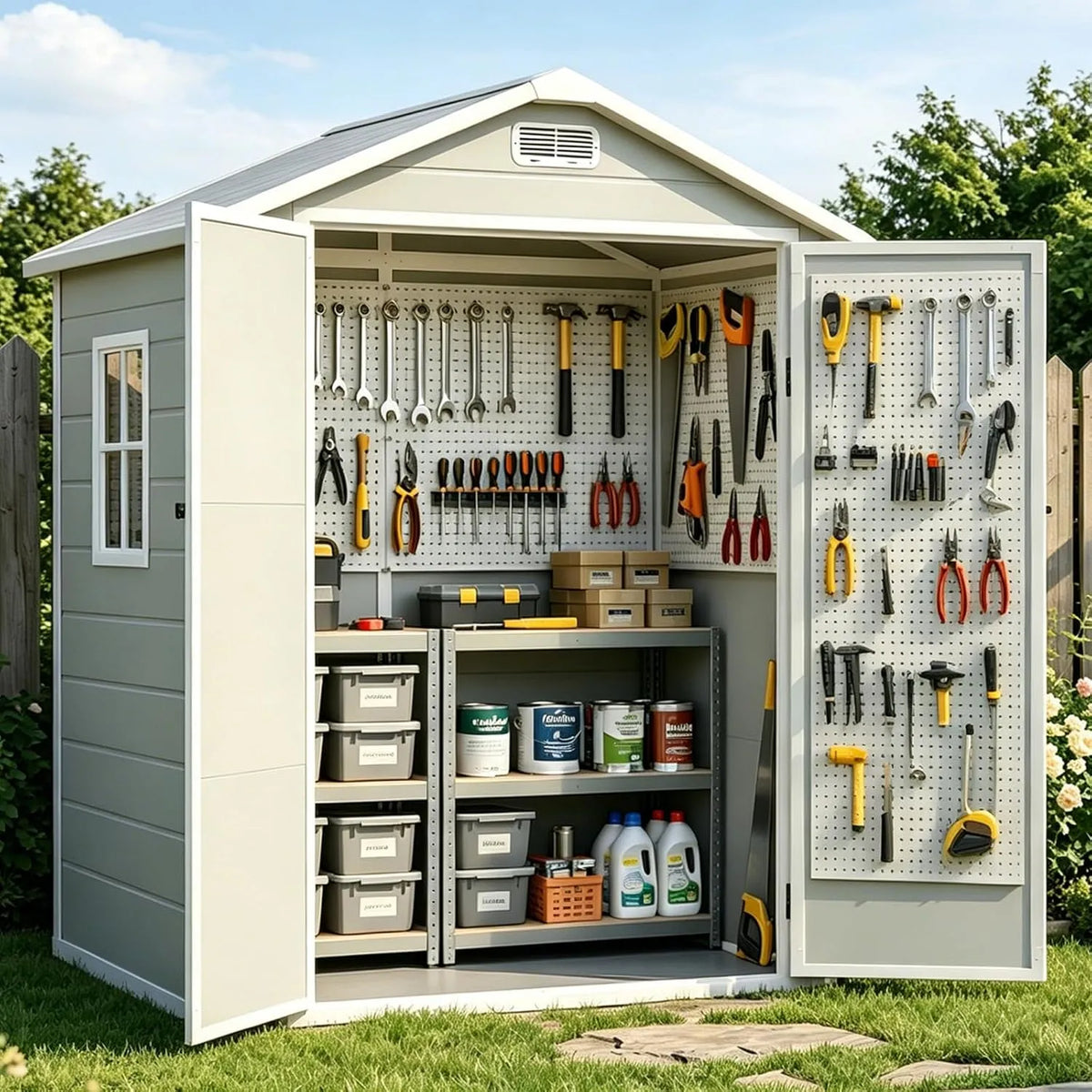 Gerätehaus – aus Kunststoff, 201 x 171 x 129 CM, abschließbar, mit Belüftung, mit Fenster, mit Boden, für Gartengeräte, Werkzeug und Außenlagerung