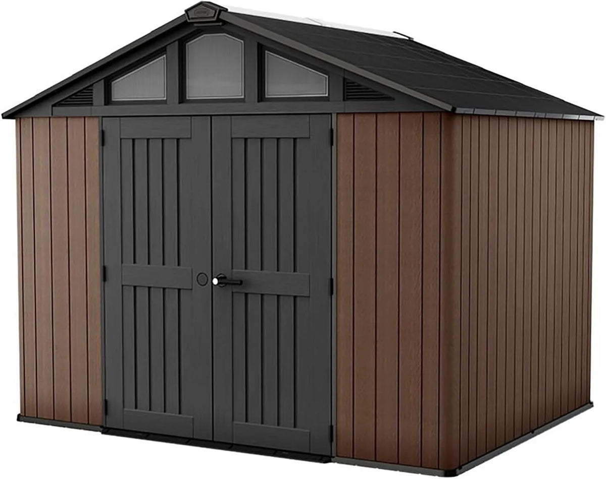 Keter Gerätehaus, aus Stahl, 305 x 243 x 251 cm, 7,1 m², 10 x 8, mit Doppeltür, mit Fenster, mit Boden, braun