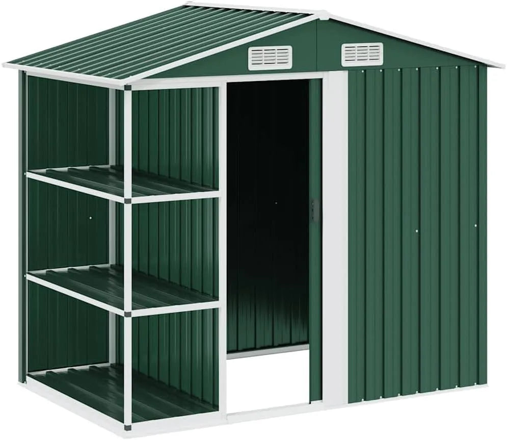 vidaXL Gerätehaus – 205 x 130 x 183 cm, mit Schiebetür, mit Belüftung, mit Einlegeböden, grün, für Gartengeräte, Werkzeug und Außenlagerung