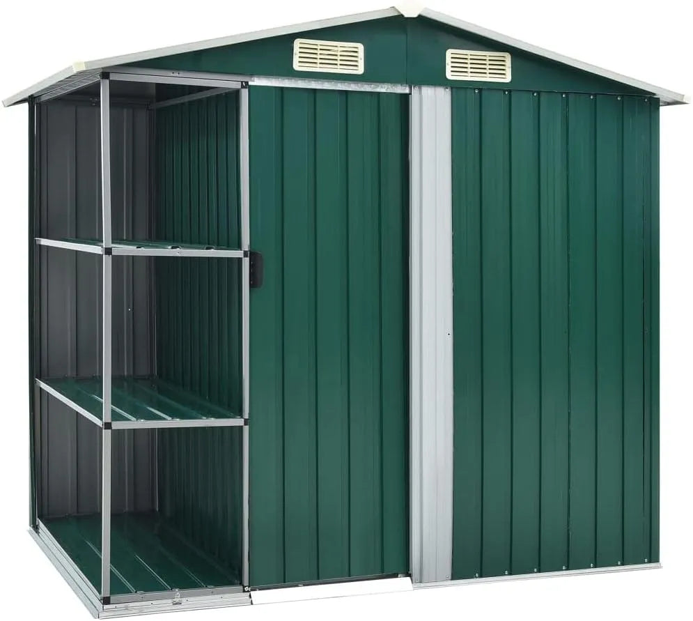 Gerätehaus, 205 x 130 x 183 cm, mit Schiebetür, mit Belüftung, mit Einlegeböden, grün, für Gartengeräte, Werkzeug und Außenlagerung