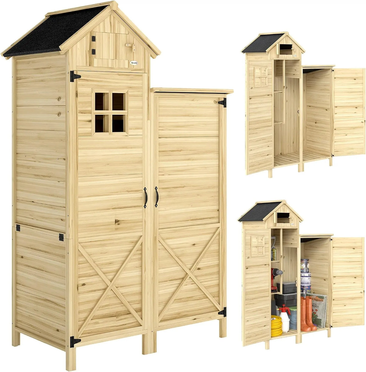 Outsunny Gartenschrank – aus Holz, mit Fenster, mit Einlegeböden, für Gartengeräte und Werkzeug