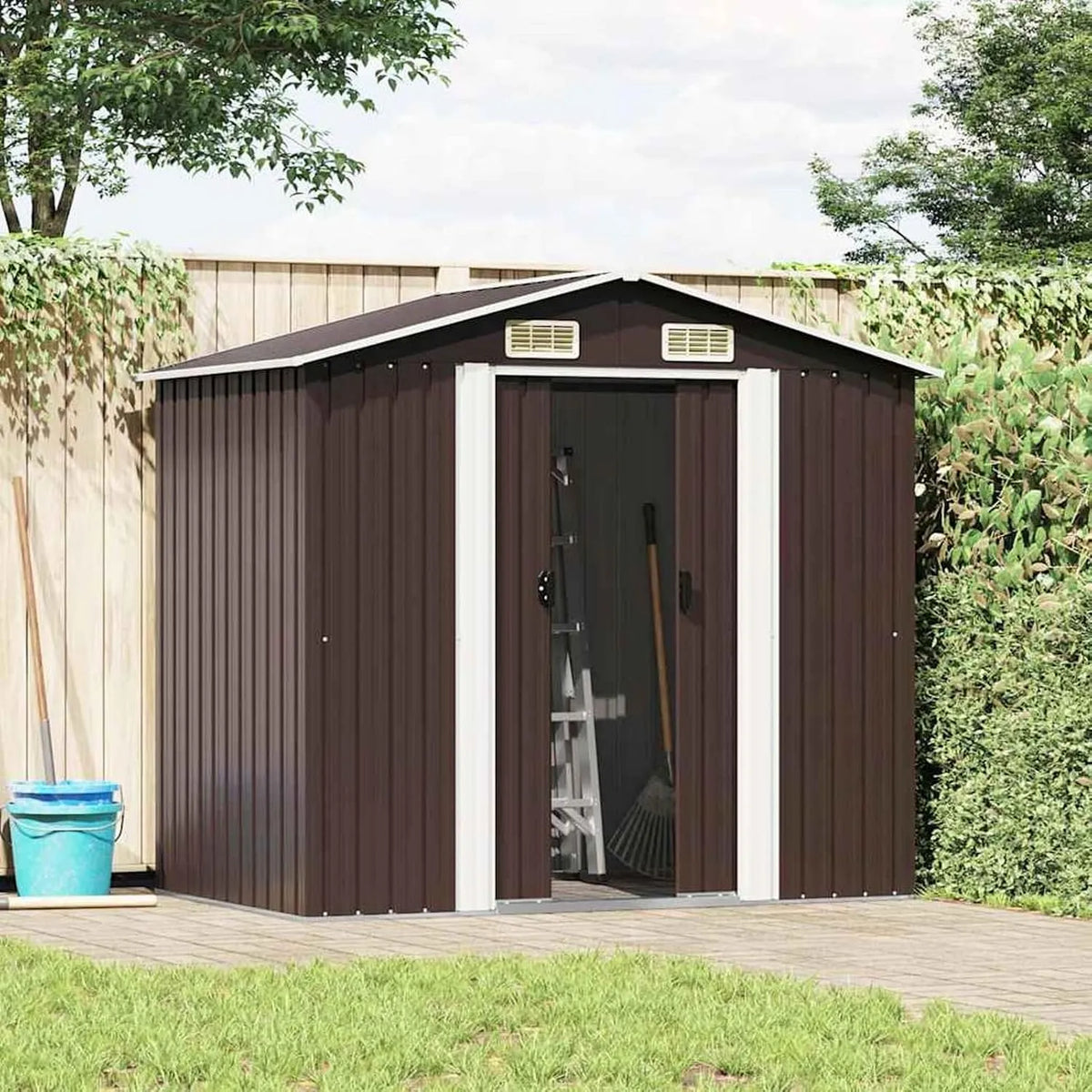 Gerätehaus – aus Stahl, 204 x 132 x 186 cm, wetterfest, braun, für Gartengeräte und Werkzeug