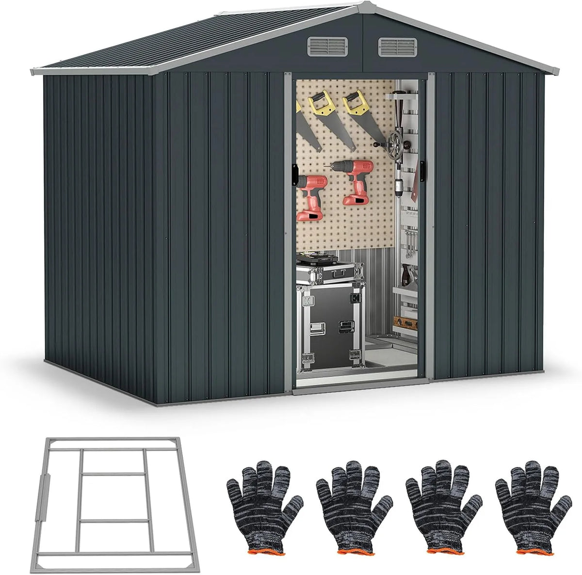 COSTWAY Gerätehaus, aus Metall, 235 x 171 x 196 cm, mit Pultdach, mit Schiebetür, für Fahrräder und Zubehör