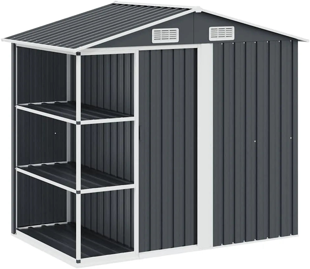 Gerätehaus, 205 x 130 x 183 cm, mit Schiebetür, mit Einlegeböden, wetterfest, anthrazit, für Gartengeräte und Fahrräder