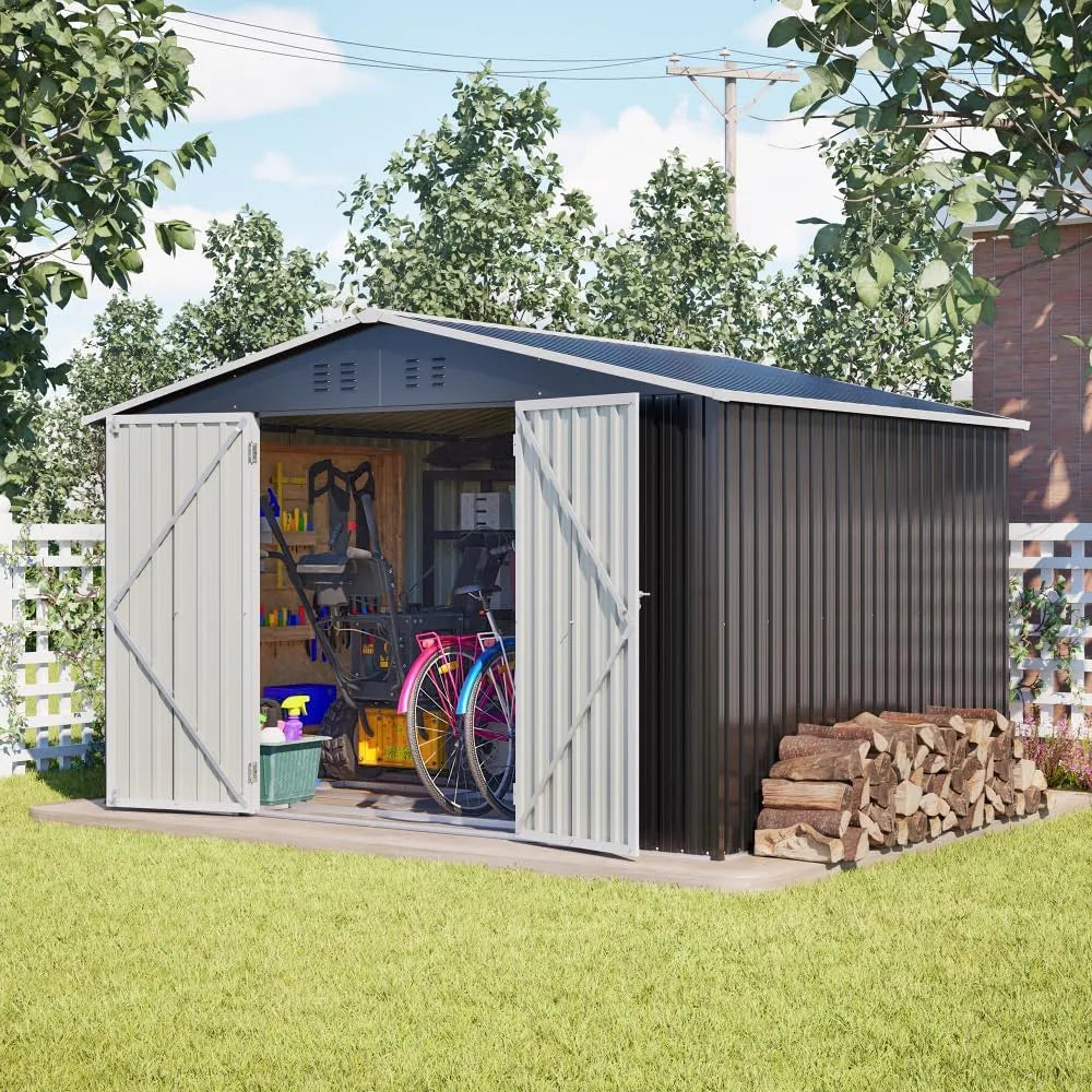 Gerätehaus – aus Metall, 10 x 8FT, mit Satteldach, mit Schiebetür, wetterfest, schwarz, für Gartengeräte, Werkzeug und Außenlagerung