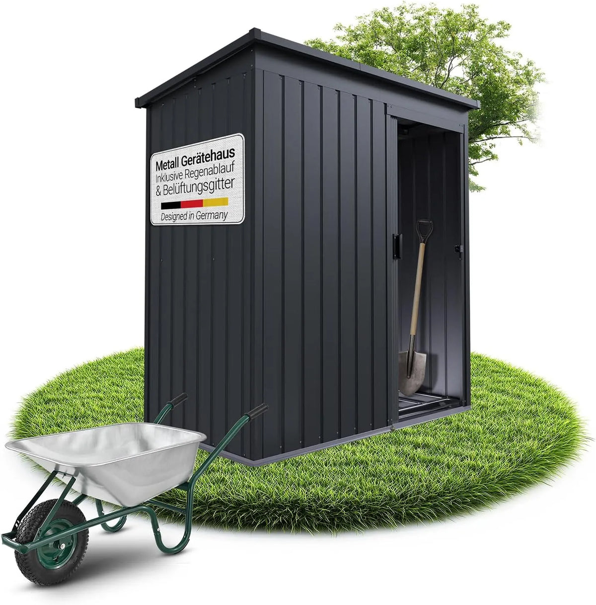 Gerätehaus Dunkelgrau – aus Metall, mit Schiebetür, wetterfest, für Gartengeräte, Werkzeug und Außenlagerung, Juskys