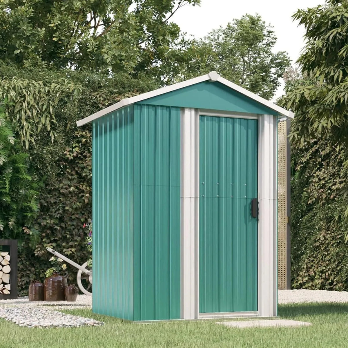 Gerätehaus – aus verzinktem Stahl, 126 x 97,5 x 177 cm, grün, für Gartengeräte, Werkzeug und Außenlagerung