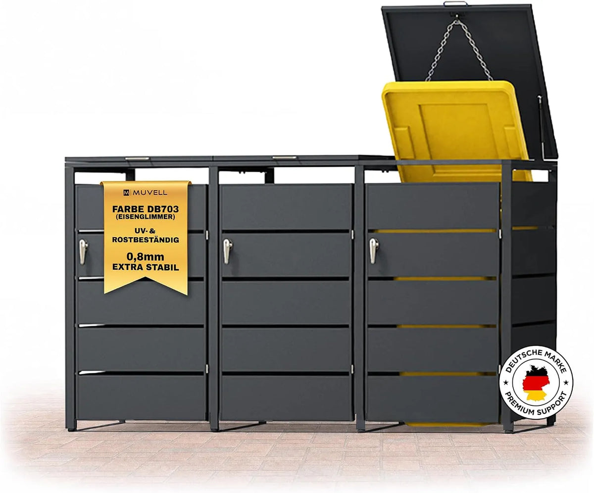 Mülltonnenbox – für 3 Mülltonnen, aus Metall, 240 l, 120 l, abschließbar, wetterfest, als Sichtschutz und Unterstand für Abfalltonnen