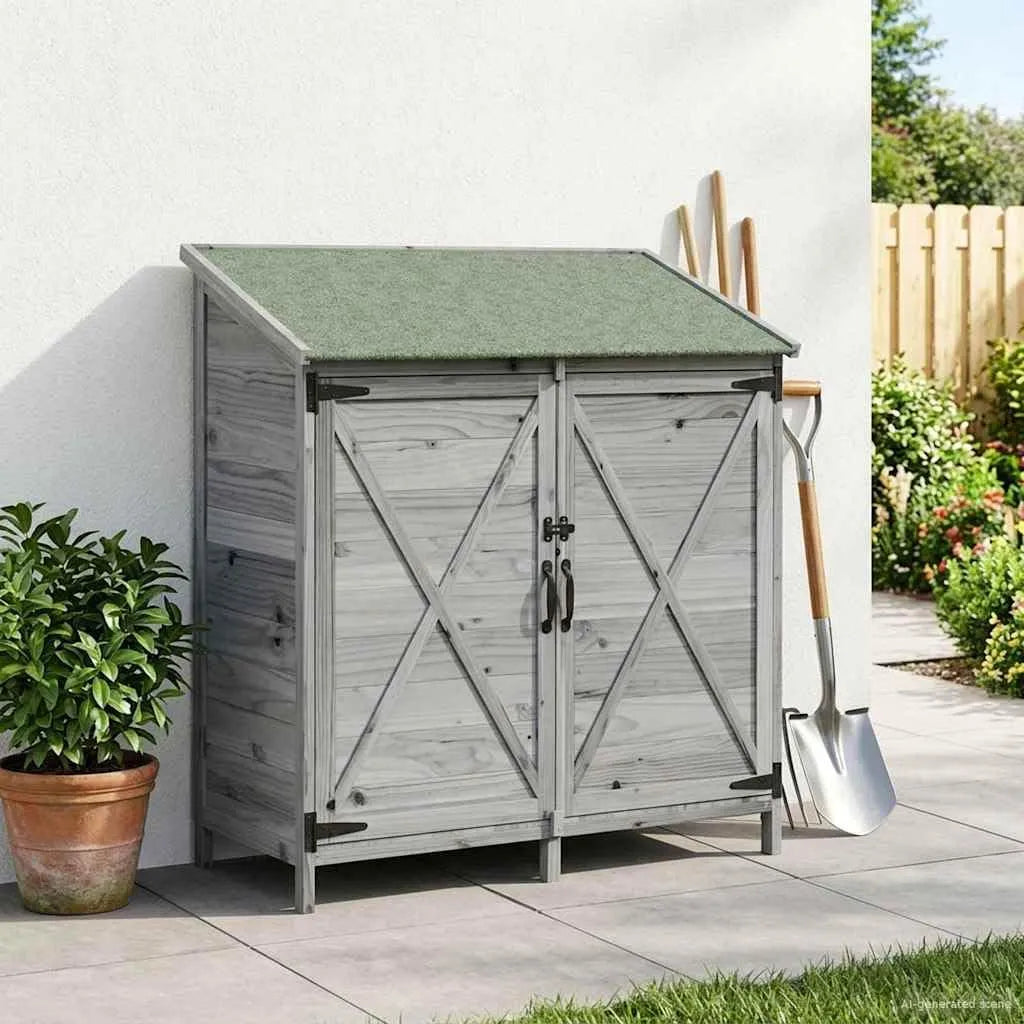 Gerätehaus, aus Massivholz, 106 x 56 x 113,5 cm, abschließbar, mit Belüftung, grau, für Gartengeräte und Fahrräder