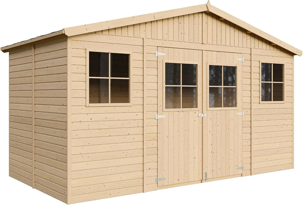 TIMBELA Gerätehaus M332 – aus Holz, 246 x 418 x 220 cm, 8 m², mit Fenster, für Fahrräder und Zubehör, zur Organisation von Werkzeug und Zubehör