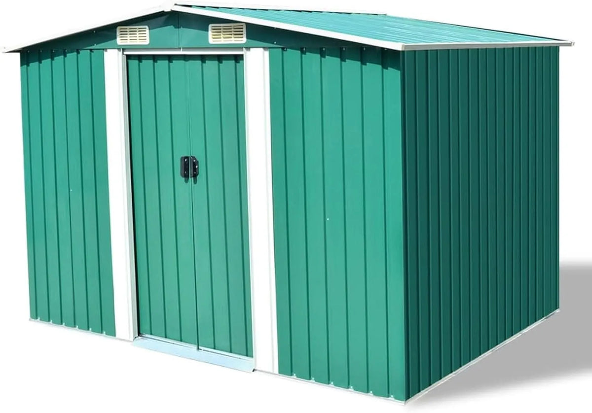 Gerätehaus – aus Metall, 257 x 205 x 178 cm, wetterfest, grün, für Gartengeräte und Fahrräder