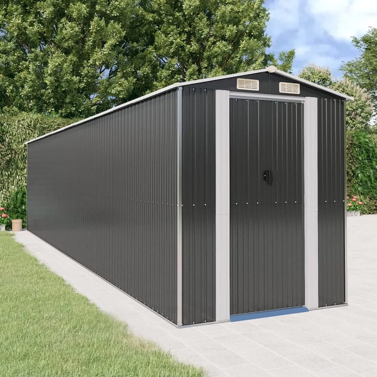 Gerätehaus – aus verzinktem Stahl, 192 x 855 x 223 cm, hellgrau, für Gartengeräte und Fahrräder, ShGaxin