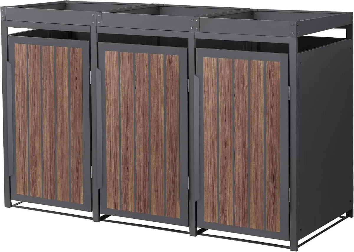 Mülltonnenbox – für 3 Mülltonnen, aus Stahl, 196 x 80 x 124 cm, 240 L, mit Pflanzdach, wetterfest, anthrazit