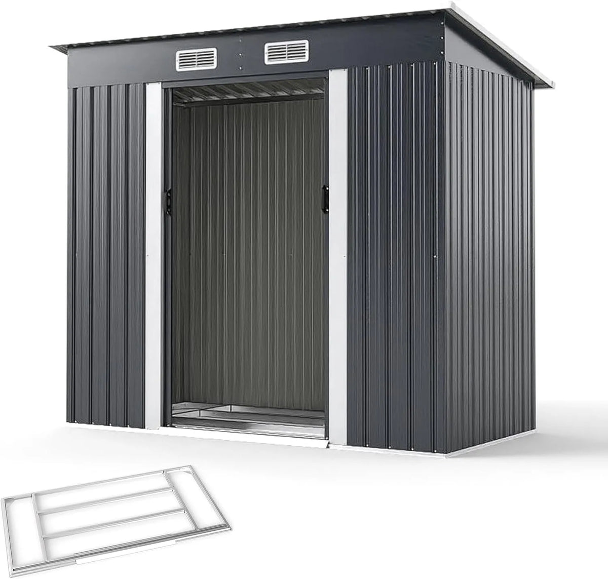 Gerätehaus – aus Metall, 213 x 112 x 185 cm, mit Satteldach, mit Schiebetür, grau, für Gartengeräte, Werkzeug und Außenlagerung