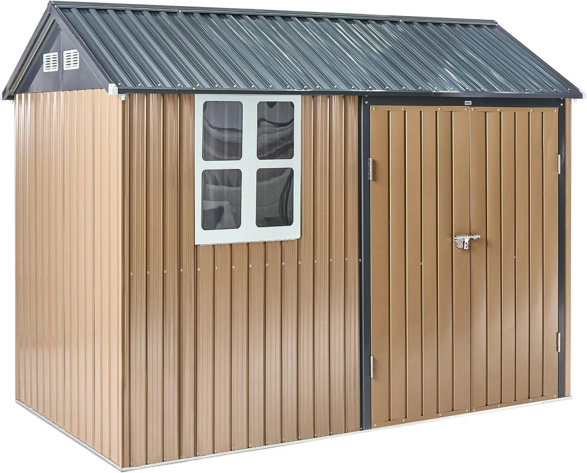 Gerätehaus – aus Stahl, 313 x 220 cm, wetterfest, braun, für Gartengeräte, Werkzeug und Außenlagerung, Gerätehaus