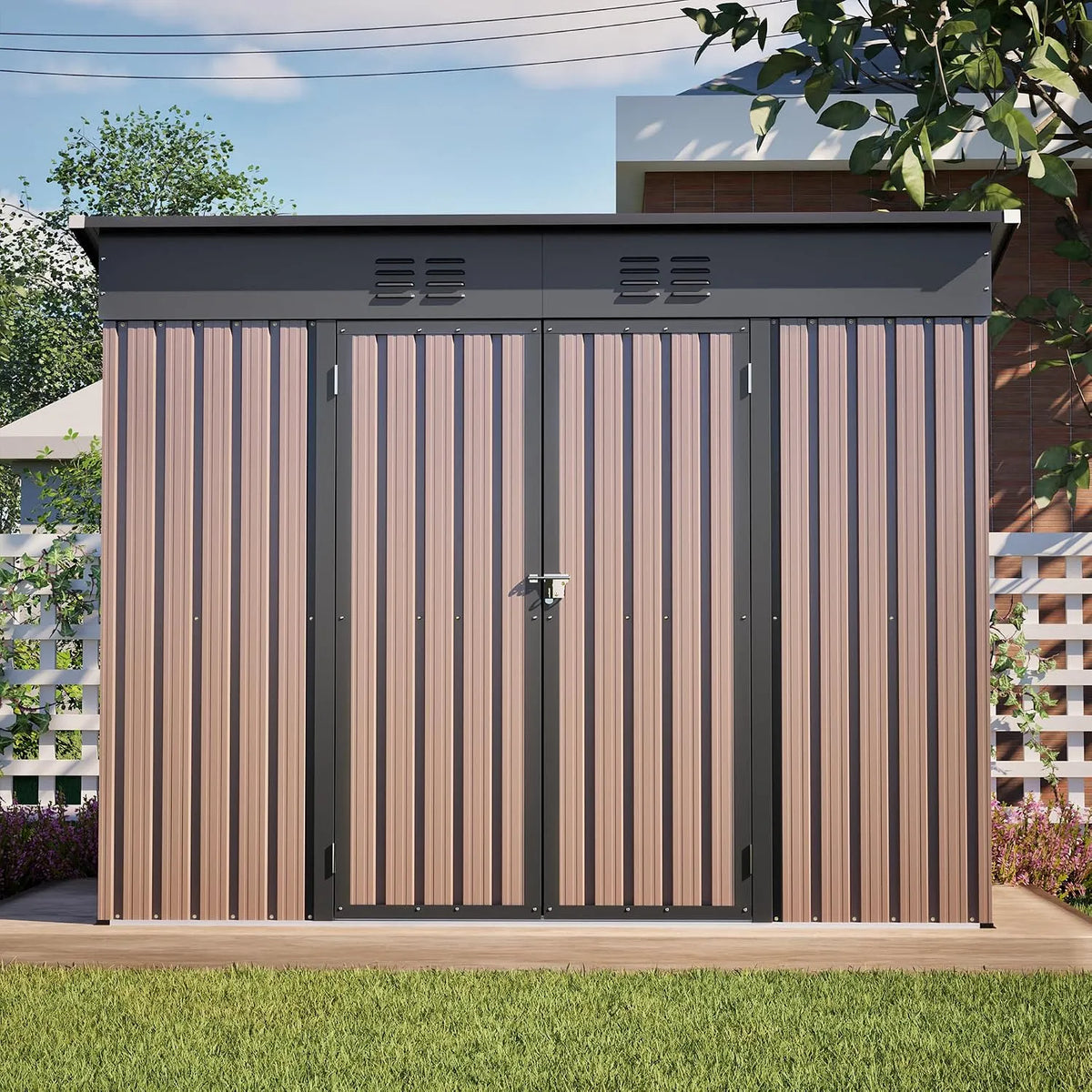 Gerätehaus – aus Metall, 8 x 4 FT, abschließbar, braun, für Gartengeräte, Werkzeug und Außenlagerung