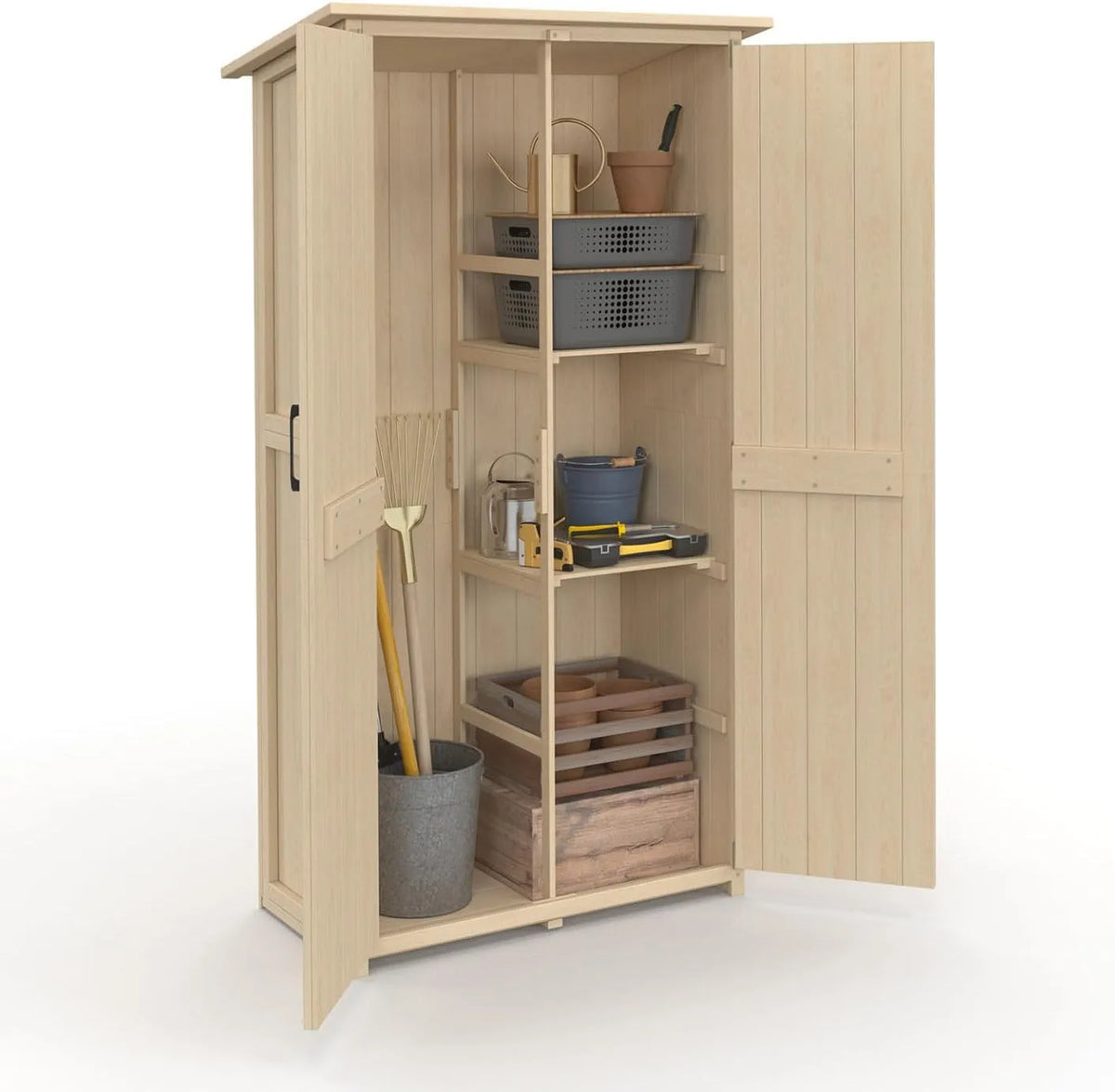Gartenschrank, aus Holz, 90 x 50 x 160 cm, mit Doppeltür, mit Einlegeböden, für Werkzeug und Gartenzubehör