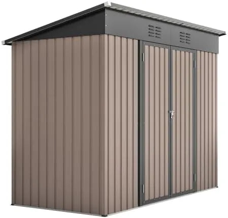Gerätehaus, aus verzinktem Stahl, 242 x 126 x 182 cm, 8 x 4 FT, mit Doppeltür, abschließbar, mit Belüftung, braun, für Gartengeräte und Werkzeug