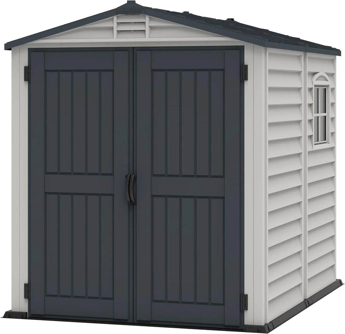 Duramax Gerätehaus – aus Kunststoff, 3.65 m², 6 x 6, mit Fenster, dunkelgrau, für Gartengeräte, Werkzeug und Außenlagerung