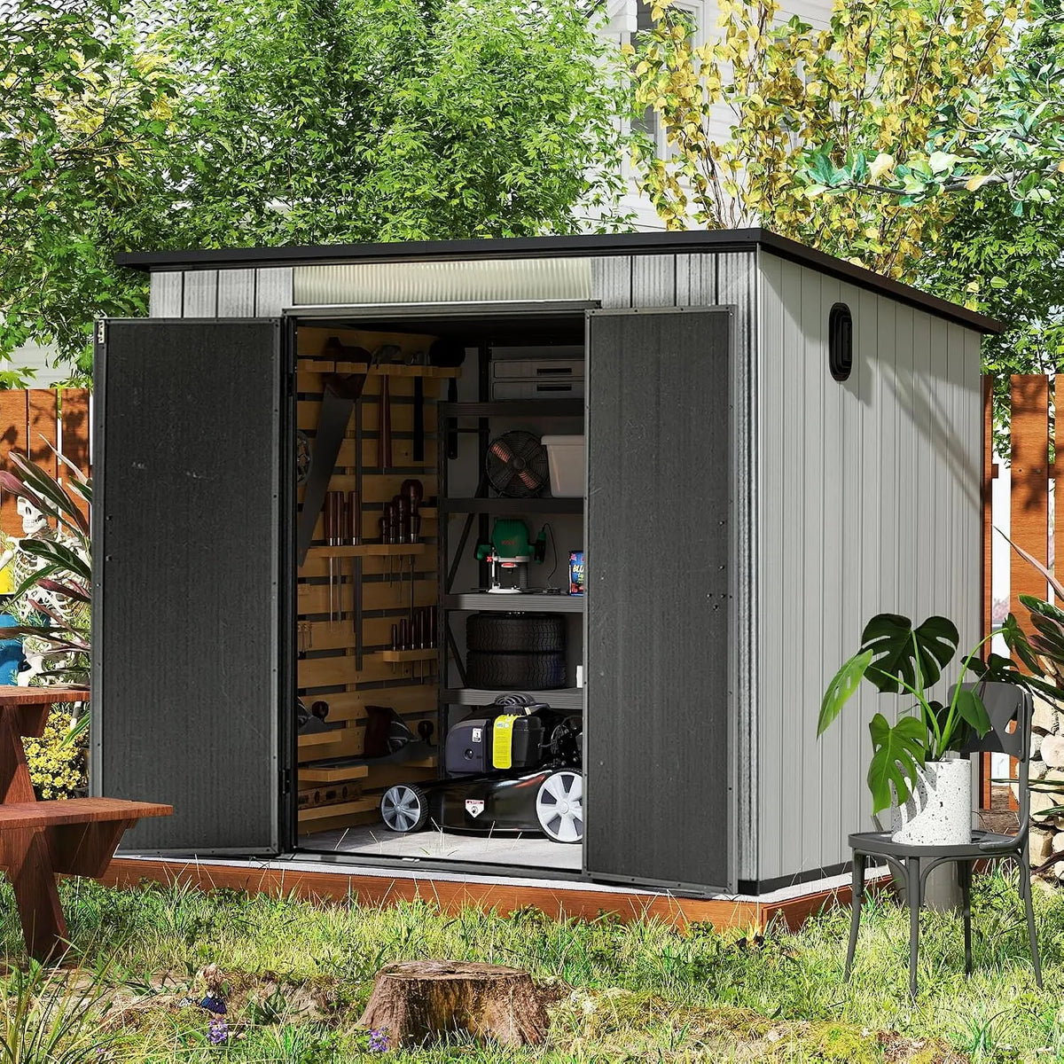 Gerätehaus, aus Kunststoff, 1,8 x 2,4m, abschließbar, mit Belüftung, grau, für Fahrräder und Zubehör
