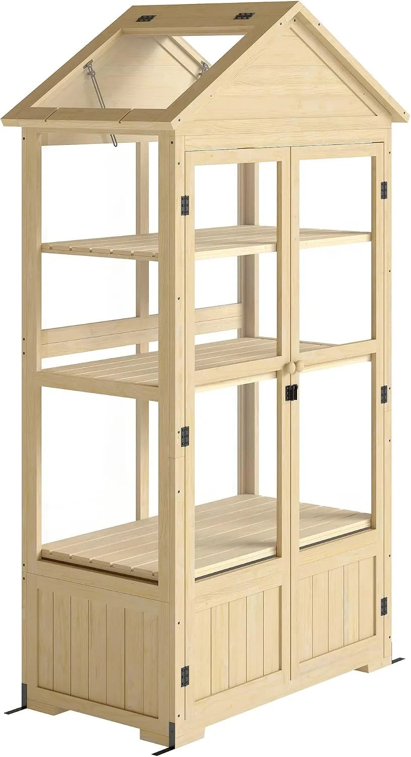 Outsunny Gewächshaus, aus Holz, 100 x 56,5 x 178 cm, mit Doppeltür, abschließbar, mit Fenster, für Gemüse, Kräuter und Jungpflanzen