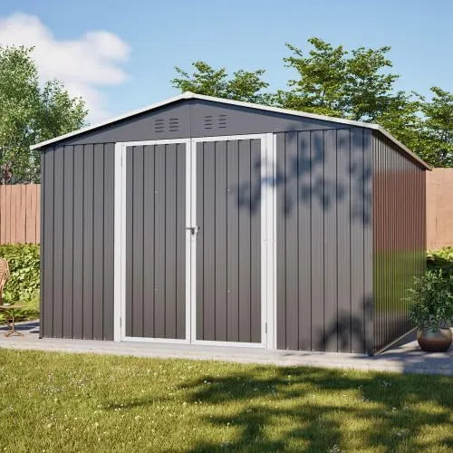 Gerätehaus – aus Metall, 10 x 10 Fuß, abschließbar, wetterfest, grau, für Rasenmäher und Gartengeräte
