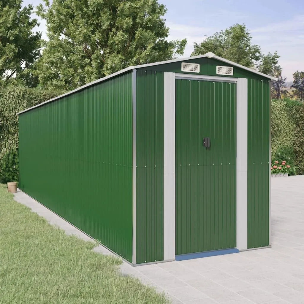 Gerätehaus – aus verzinktem Stahl, 192 x 772 x 223 cm, abschließbar, mit Belüftung, wetterfest, grün, für Gartengeräte und Fahrräder