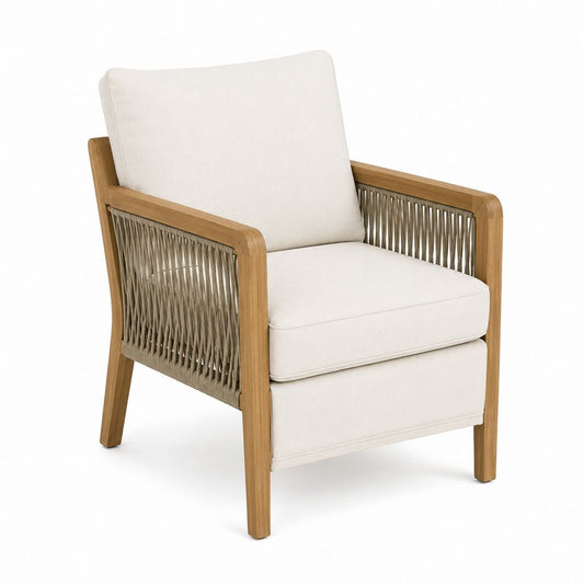 Außensessel mit Armlehnen aus Holz, Seil und Beige Kissen, 72 × 78 × 84 cm